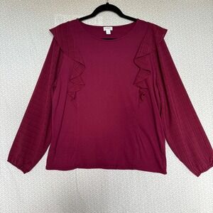 J. Crew Burgundy Ruffle Sleeve Crew Neck Long Sleeve‎ Top Women's Size L
